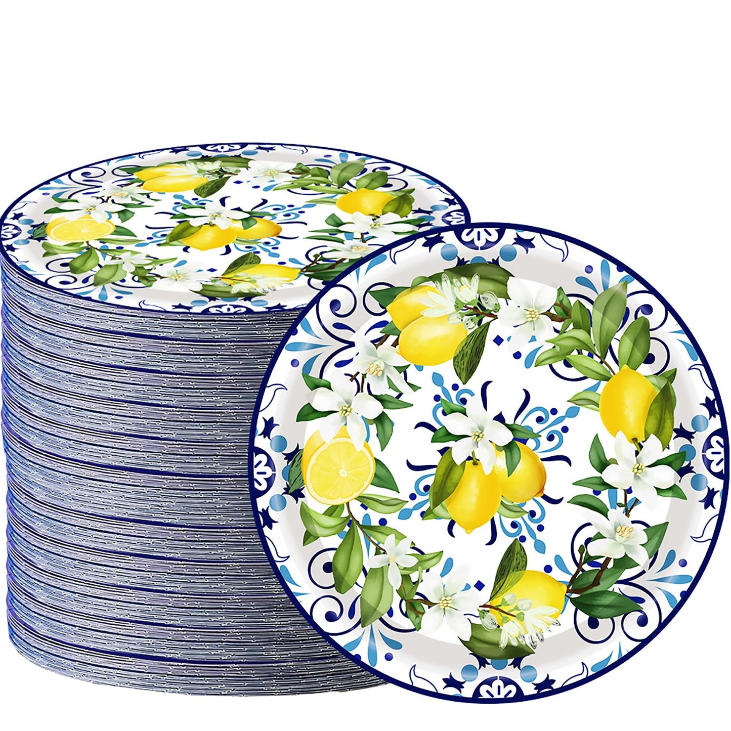50PCS Capri Lemon Party Supplies7"Lemon Paper Plates Blue Tiles Yellow