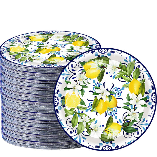 50PCS Capri Lemon Party Supplies7"Lemon Paper Plates Blue Tiles Yellow