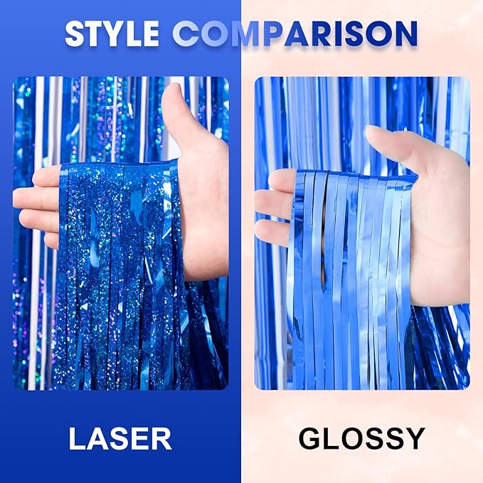 Voircoloria 3 Pack 3.3 x 8.2 ft Laser Blue Foil Fringe Backdrop