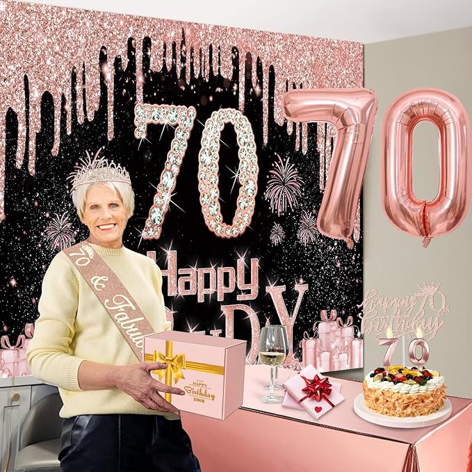 70th Birthday Decorations for Women with Banner Rose Gold Tablecloth