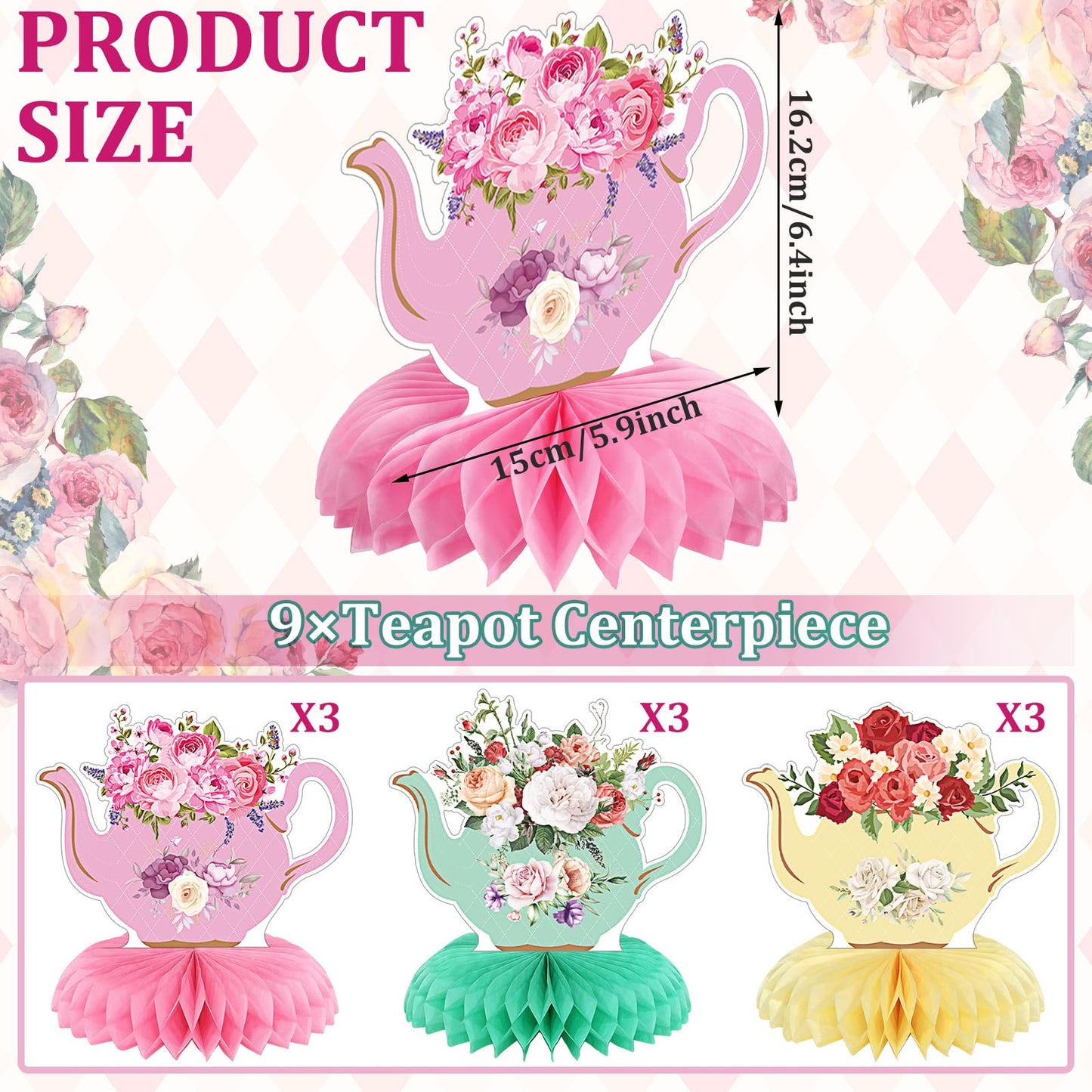 Jexine 9 Pcs Tea Party Decorations Princess Party Floral Teapot