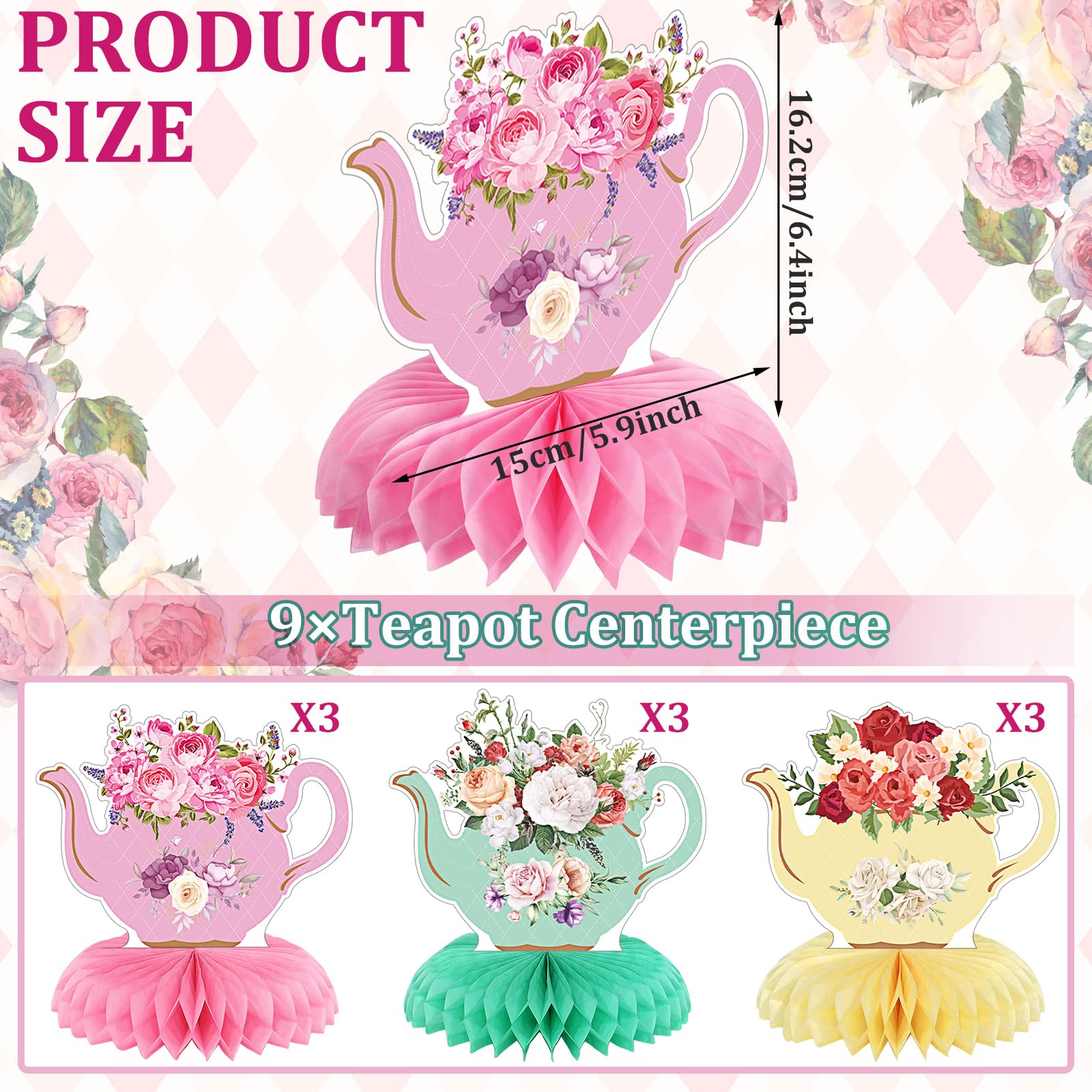 Jexine 9 Pcs Tea Party Decorations Princess Party Floral Teapot