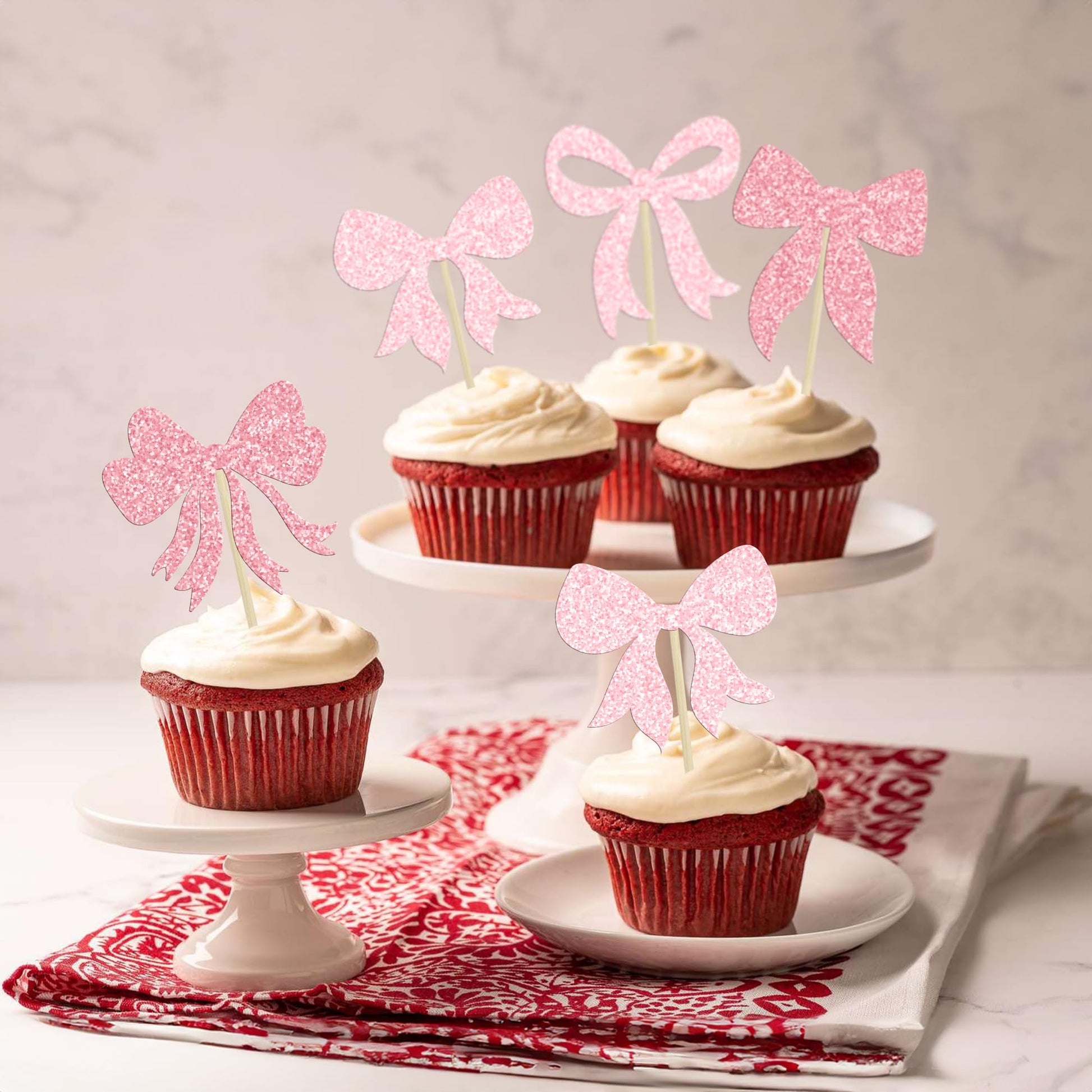 Gyufise 36Pcs Bow Cupcake Toppers Glitter Bowknot Cupcake Picks Bow