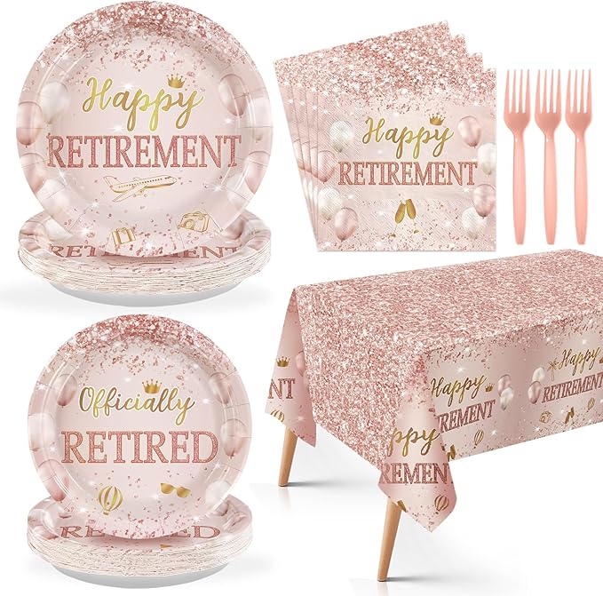 98Pcs Rose Gold Retirement Decorations Pink Happy Retirement Plates