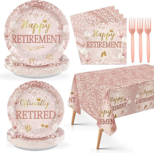 98Pcs Rose Gold Retirement Decorations Pink Happy Retirement Plates