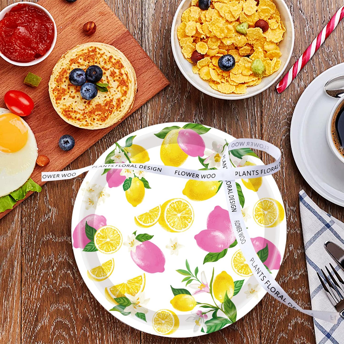 50PCS Lemon Party Supplies - 7" Lemon Plates with Blue Tiles & Yellow