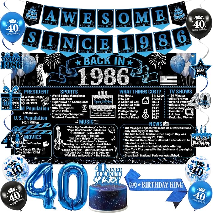 40th Birthday Decorations for Men 20PCS Black Blue Back in 1986