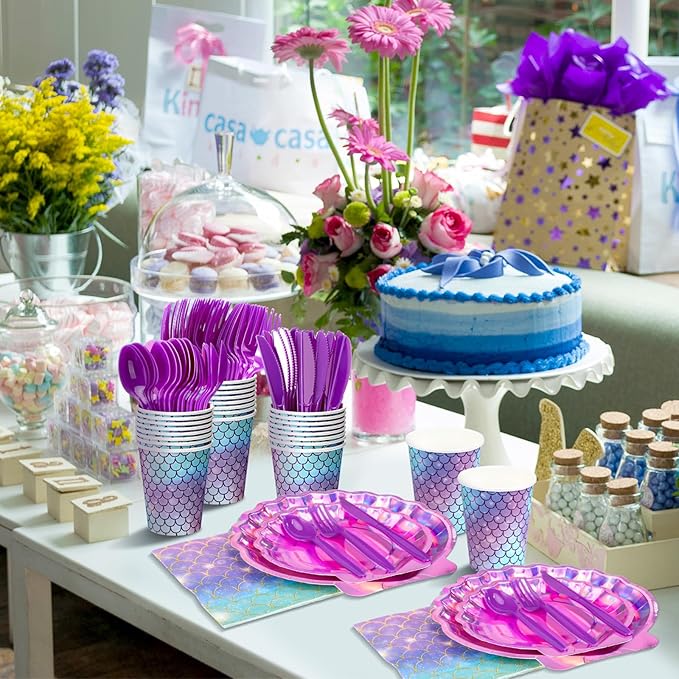 144 Pcs Iridescent Pink Mermaid Party Birthday Supplies Paper