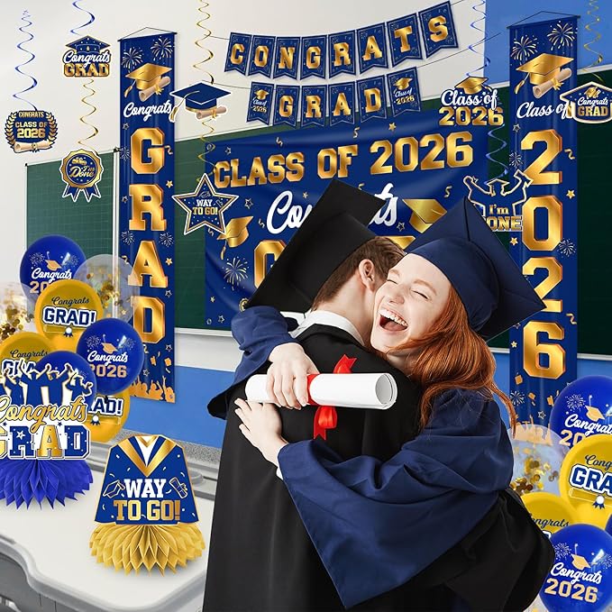 Graduation Decorations Class of 2026 Blue and Gold Graduation Party
