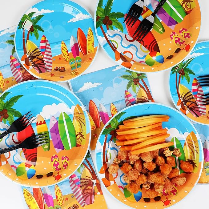 100 Pcs Summer Beach Surfing Party Paper Plates Napkins Supplies for