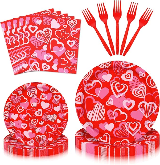 96 Pieces Valentine's Day Tableware Set Red Heart Disposable Plates