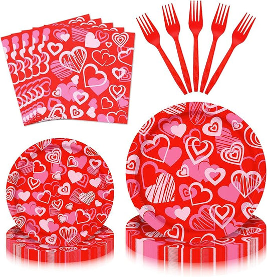 96 Pieces Valentine's Day Tableware Set Red Heart Disposable Plates