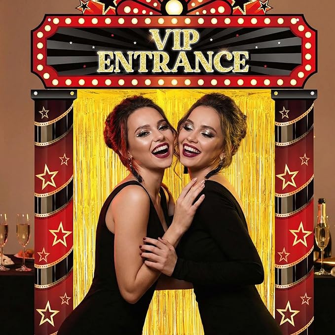 5 Pcs Movie Night Party Decorations with Gold Foil Curtain Backdrop