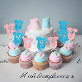 Ephlyn 24Pcs Gender Reveal Cupcake Toppers Glitter Pink Blue Bow
