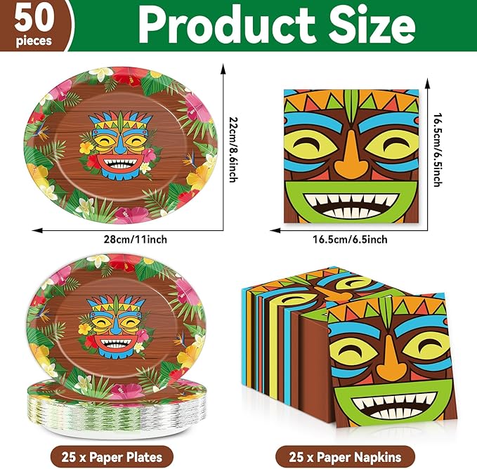 50Pcs Hawaiian Luau Party Oval Paper Plates 11 Inch Luau Summer