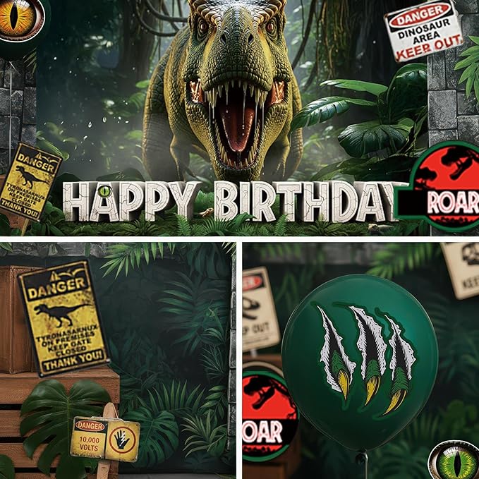 ROAR Dinosaur Birthday Decorations include Sage Green Brown balloon