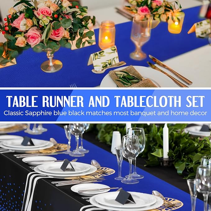 Breling 16 Pack Black and Blue Disposable Plastic Tablecloths and
