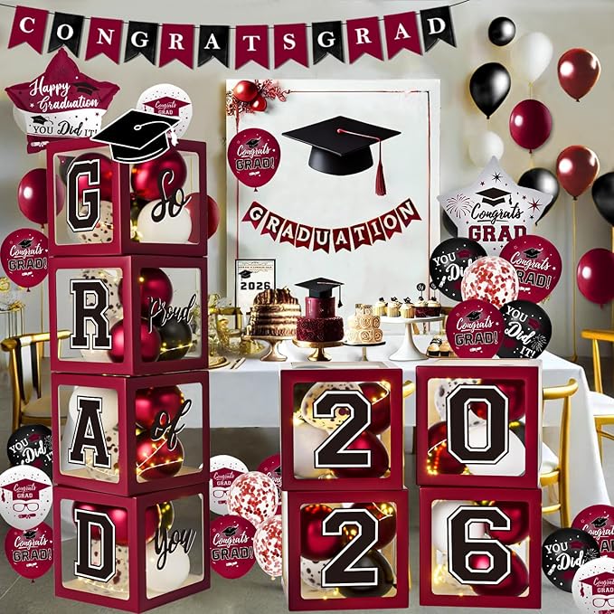 Maroon Themed 2026 Graduation Decorations Set - Balloons Boxes with