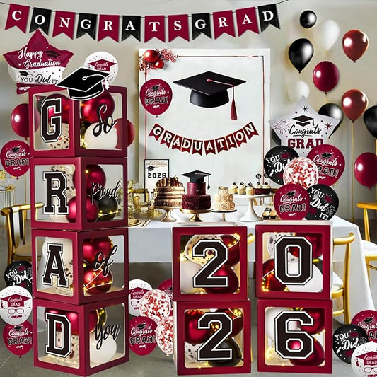 Maroon Themed 2026 Graduation Decorations Set - Balloons Boxes with