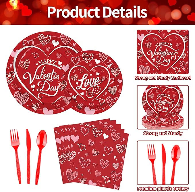 175 Pcs Valentine's Day Tableware Set Serves 25 Heart and Love