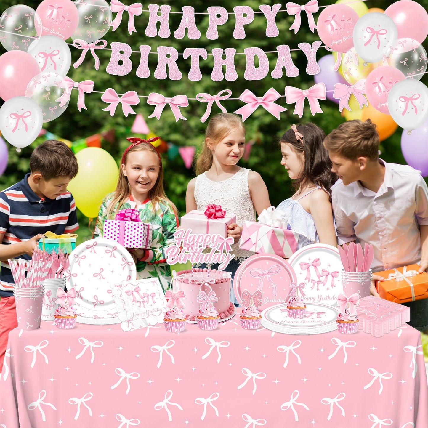 Pink Bow Birthday Party Supplies Serve 24, Coquette Birthday