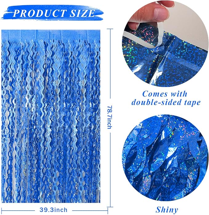 Blue Tinsel Foil Fringe Curtains Wavy Backdrop for Parties Sparkle