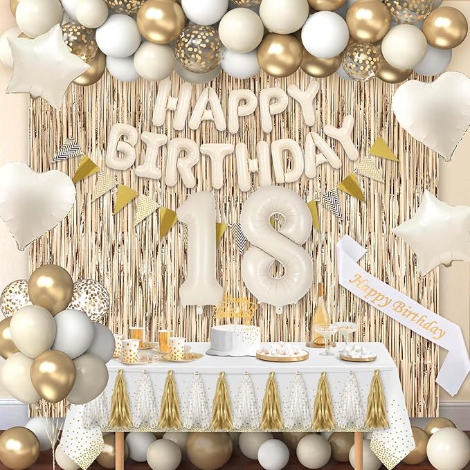 18th Birthday Decorations for Girls Women, White and Gold 18 Boho