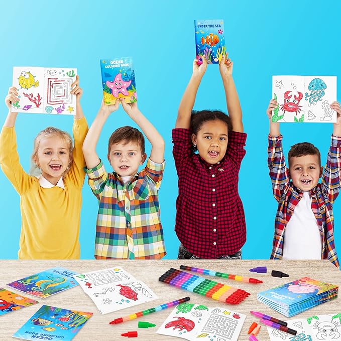 24 Under the Sea Mini Coloring Books Kids with 24 Stacking Crayons