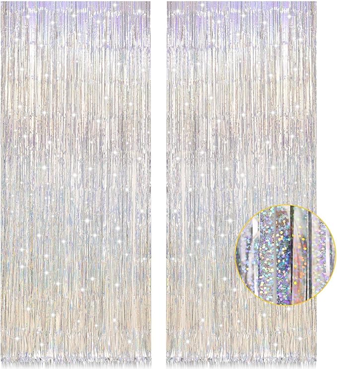2 Pack 3.2ft x 8.2ft Silver Metallic Tinsel Foil Fringe Curtains,