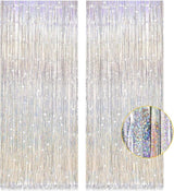2 Pack 3.2ft x 8.2ft Silver Metallic Tinsel Foil Fringe Curtains,