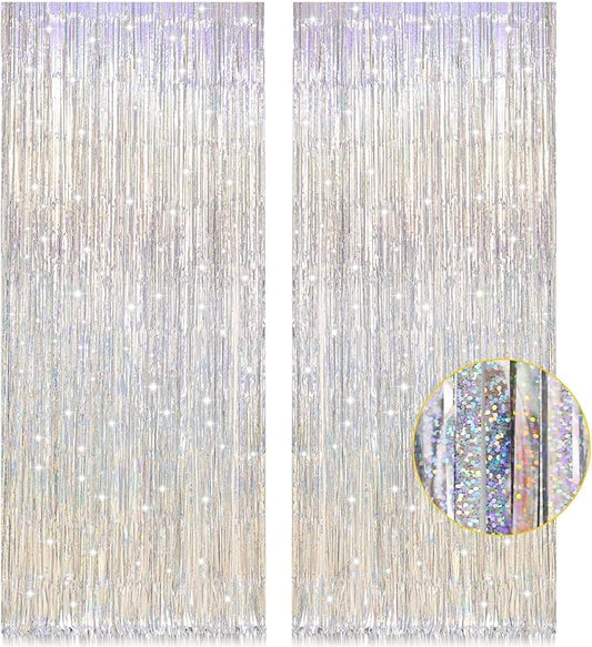 2 Pack 3.2ft x 8.2ft Silver Metallic Tinsel Foil Fringe Curtains,