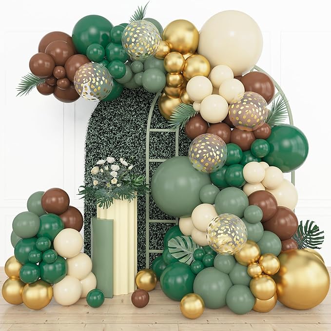 Amandir 153pcs Green Brown Balloon Garland Arch Kit, Different Sizes