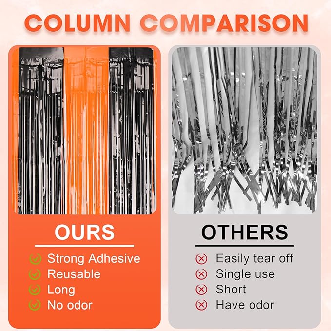 Voircoloria 3 Pack 3.3x8.2 Feet Black and Orange Foil Fringe Backdrop