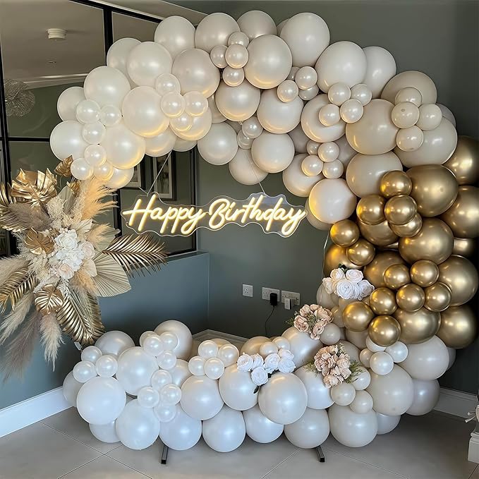 Champagne Gold and White Balloons, 12 Inch Double Stuffed Pearl White
