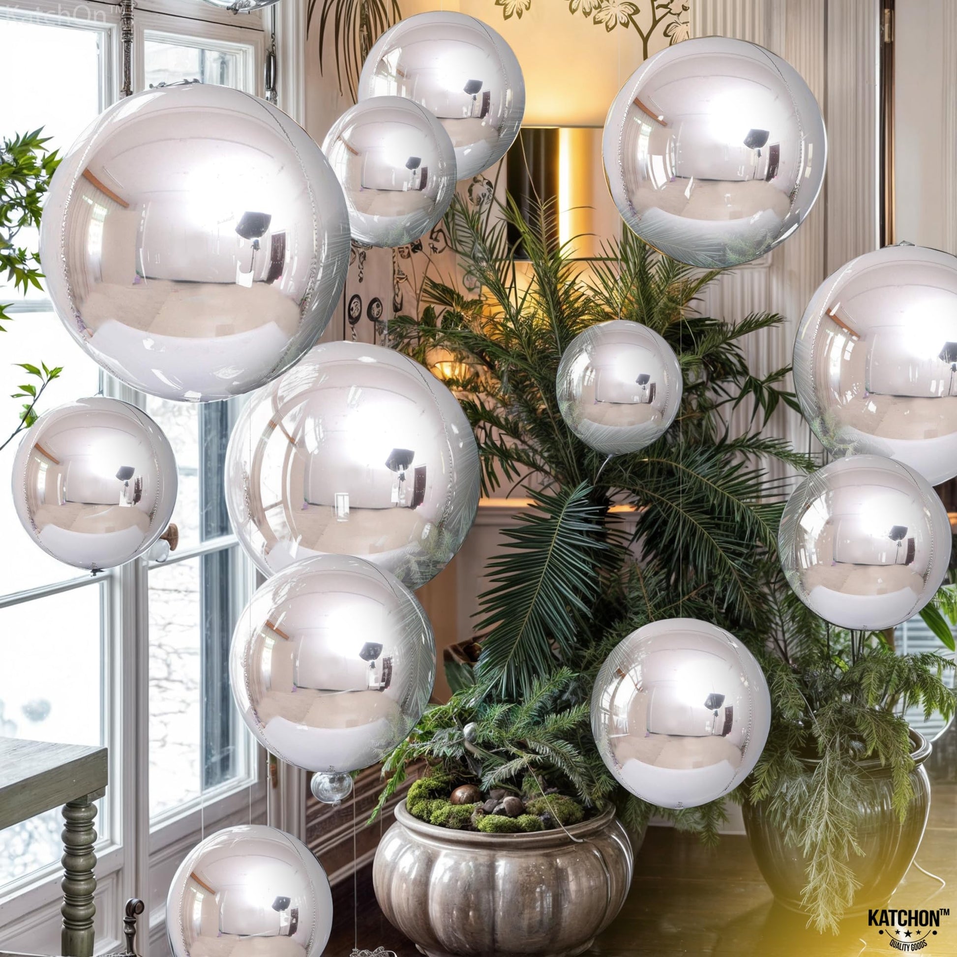 Metallic Silver Balloons - 22 Inch, Pack of 14 | 4D Round Foil