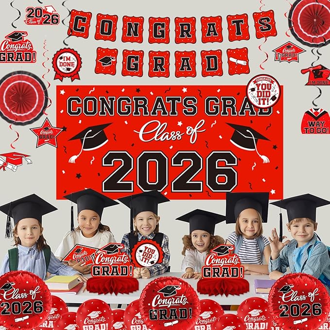Red Themed 2026 Graduation Decorations Set Congrats Grad Banner
