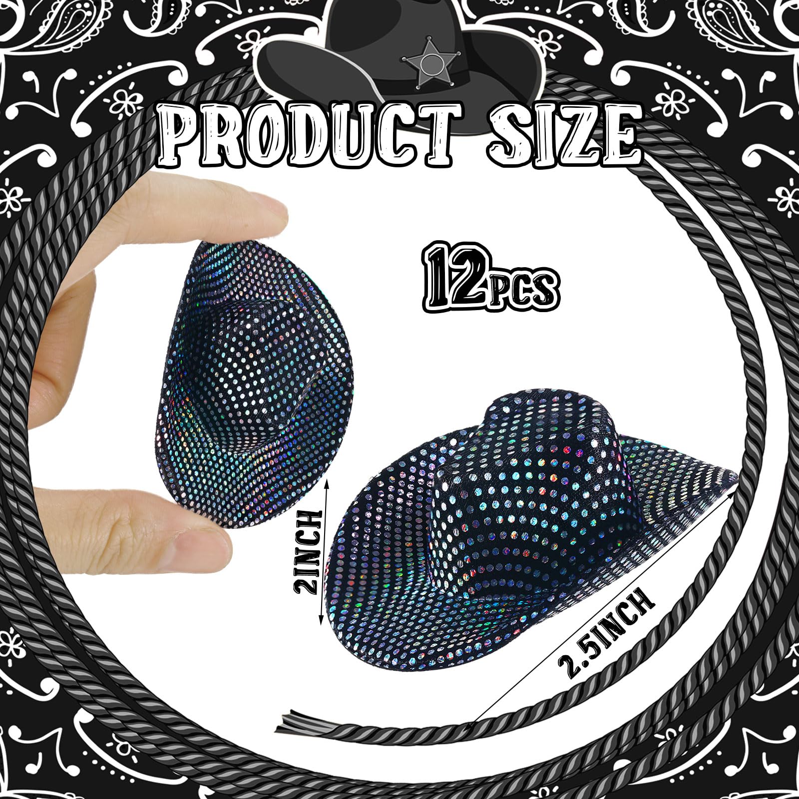 Sotiff 12 Pcs Mini Cowboy Hat Tiny Disco Glitter Hats for Crafts Black