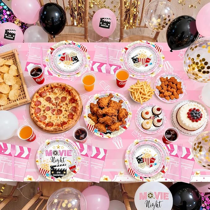 Pink Movie Night Party Decorations Kit Movie Banner Cute Popcorn