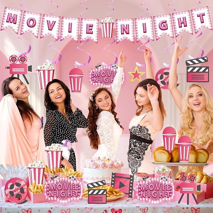 Pink Movie Night Party Decorations 36Pcs Now Showing Party Supplies