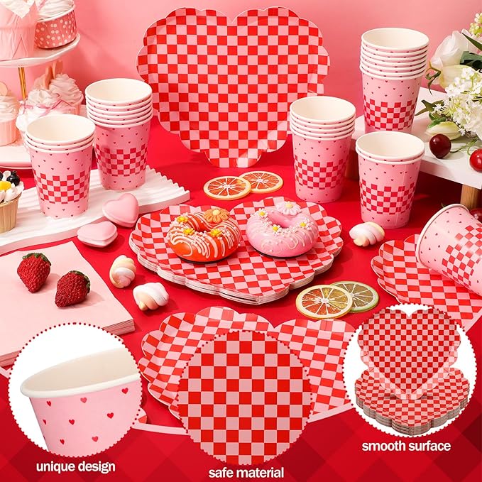 96 Pcs Valentine's Day Party Supplies Set for 24 Guests Red Checked