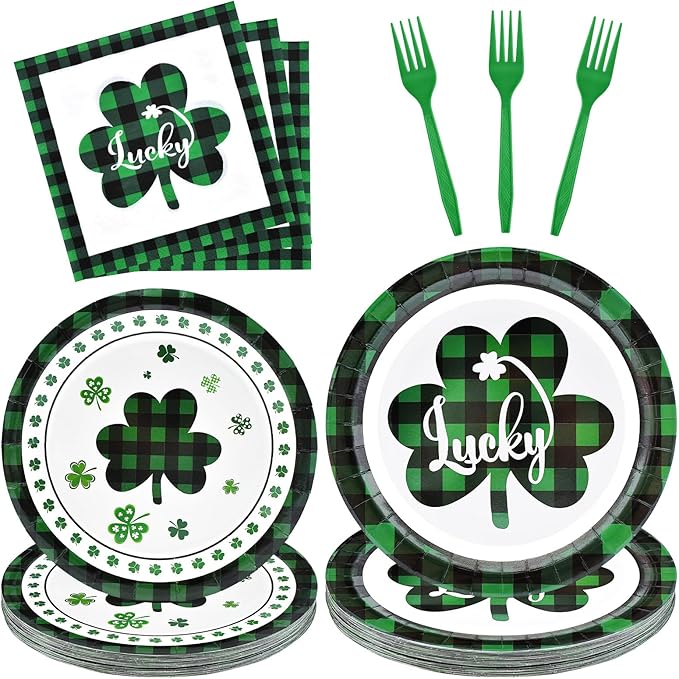 96 Pieces St Patrick's Day Tableware Set Green and Black Plaid