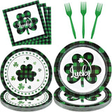 96 Pieces St Patrick's Day Tableware Set Green and Black Plaid