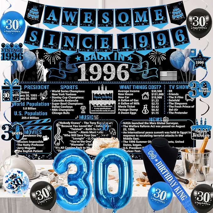 30th Birthday Decorations for Men 20PCS Black Blue Back in 1996