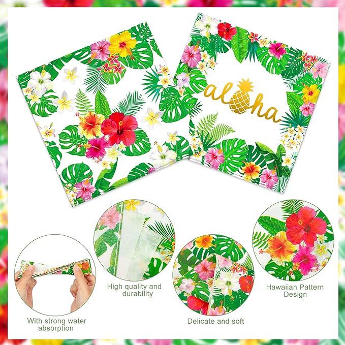 100 Pcs Hawaiian Paper Napkins Plates Tropical Luau Party Supplies 9