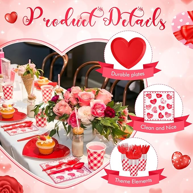 350 Pcs Valentines Party Supplies Set for 50 Guests Red Heart Paper