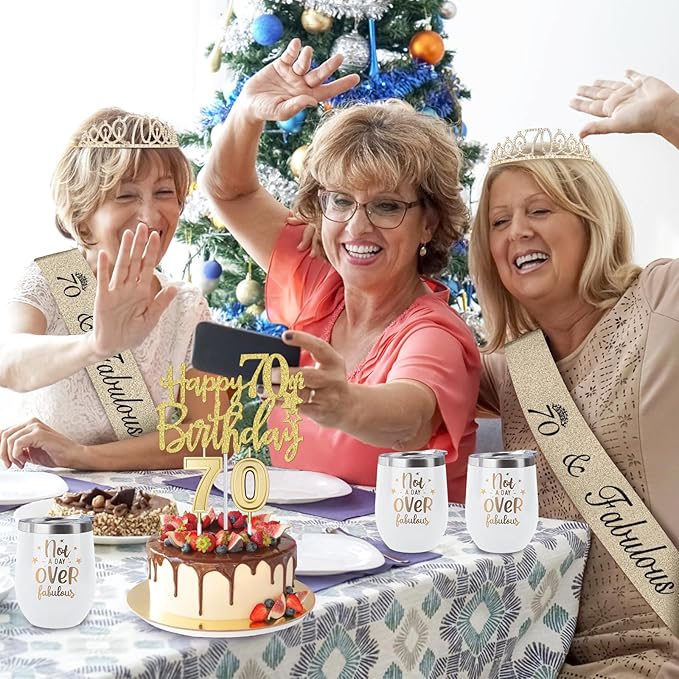 70th Birthday Decorations for Women Gold with 70th Birthday Sash and