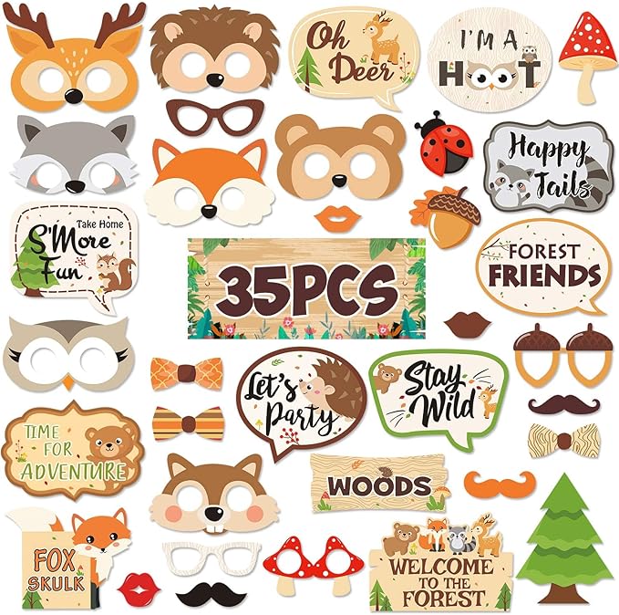 35 PCS Woodland Animal Photo Booth Props Wild One Camping Forest