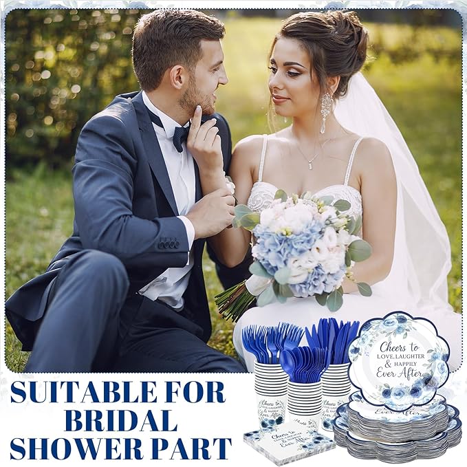 410 Pcs Blue Floral Wedding Decorations Elegant Floral Paper Plates