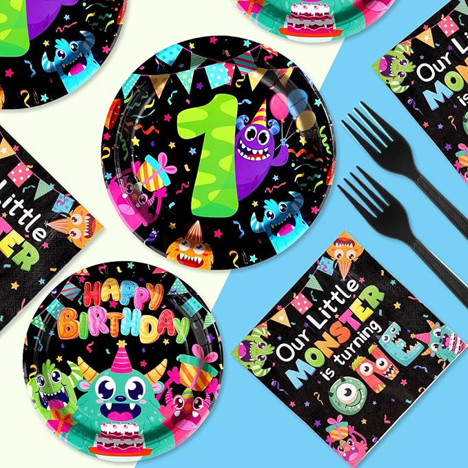 96 Pcs Monster 1st Birthday Party Supplies Little Monster Plates and