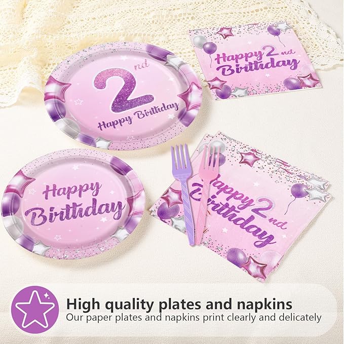 96Pcs Pink Purple 2nd Birthday Party Decorations Pastel 2nd Birthday